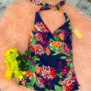 Halter Swim Top Multicolor Floral With Side Ruching Accent Sz Small NEW! FIRM!!
